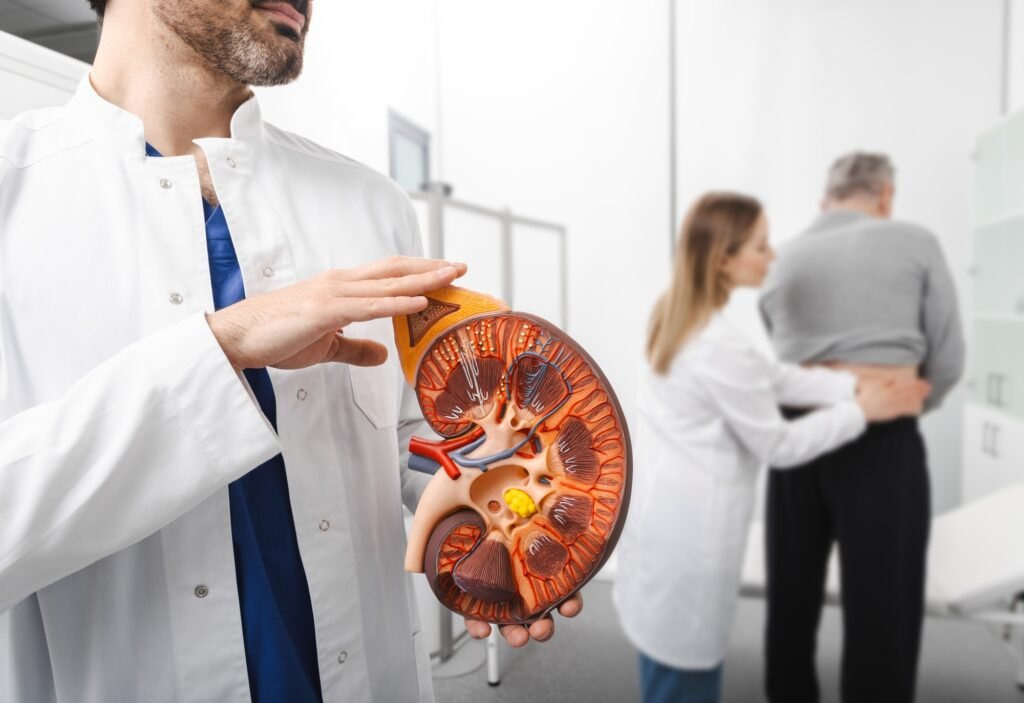 Urology and treatment of kidney disease. Anatomical model of human kidney in hands of doctor